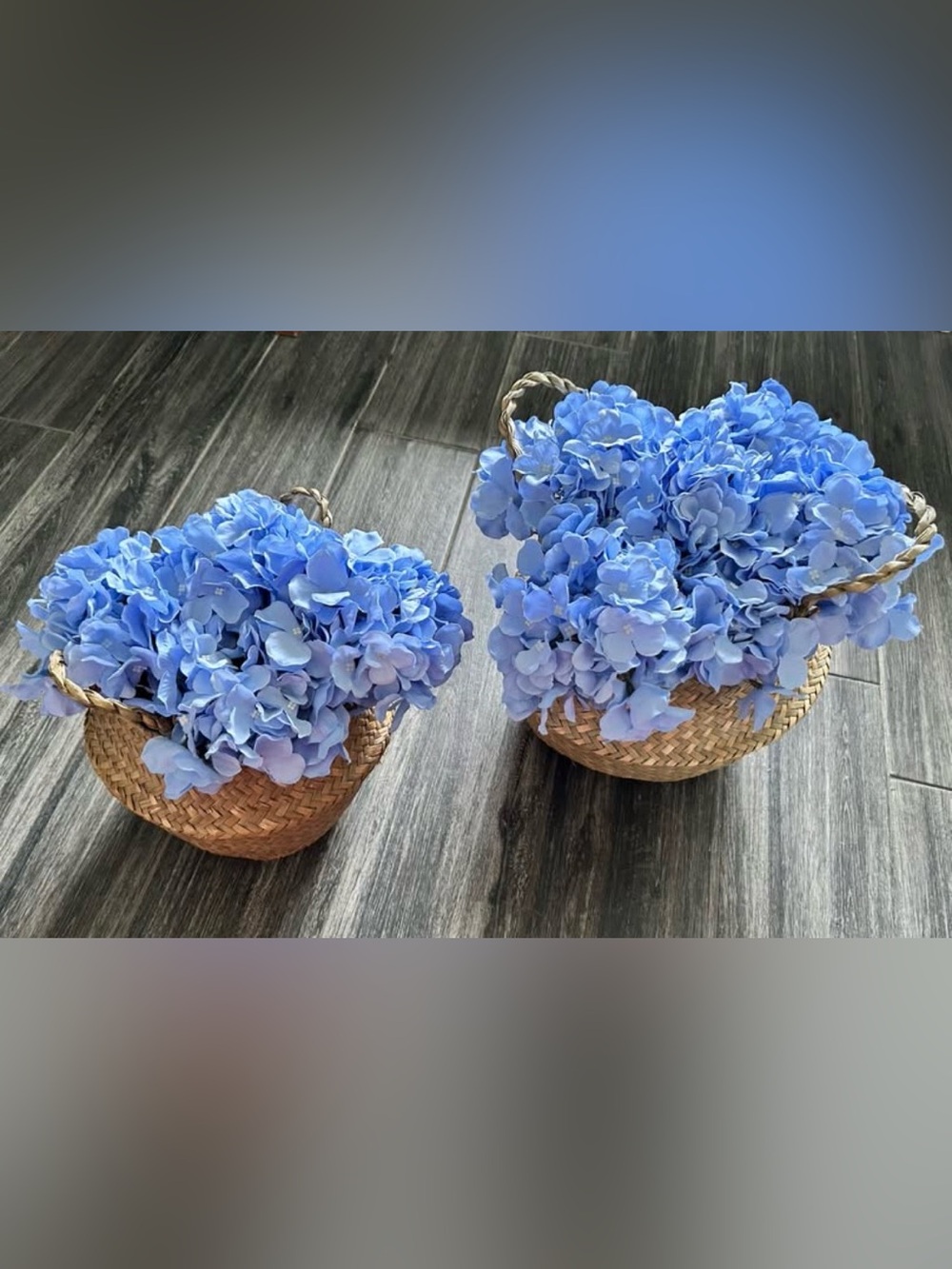 Blue Hydrangea woven Basket Floral Arrangement - Home decor boho farmhouse